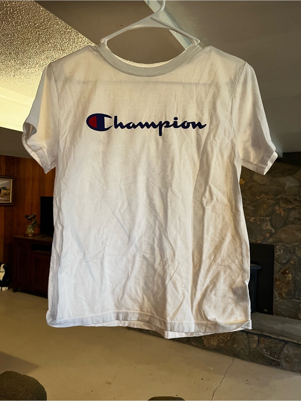Champion White Tee with Navy Script and Red Logo Accent